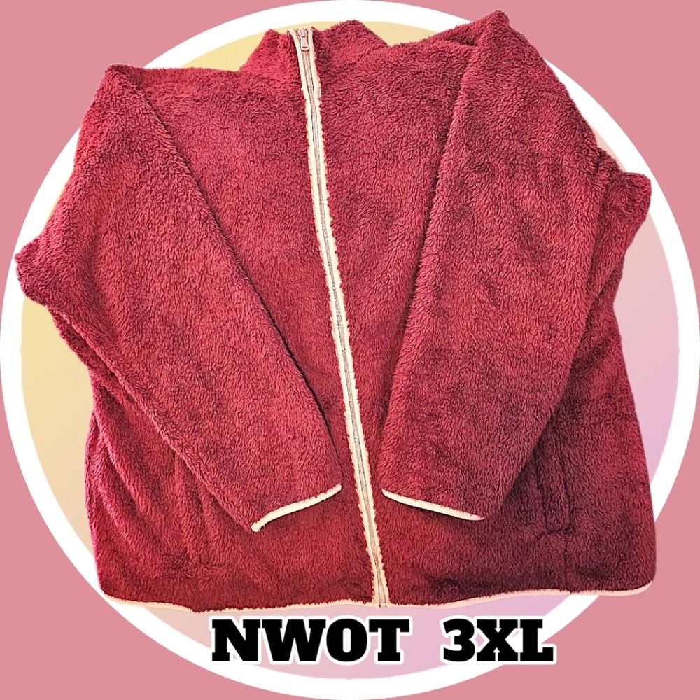 NWOT 31" Long Maroon & Pink Trim Cozy Fleece Jacket 2 Deep Large Zip Pockets
